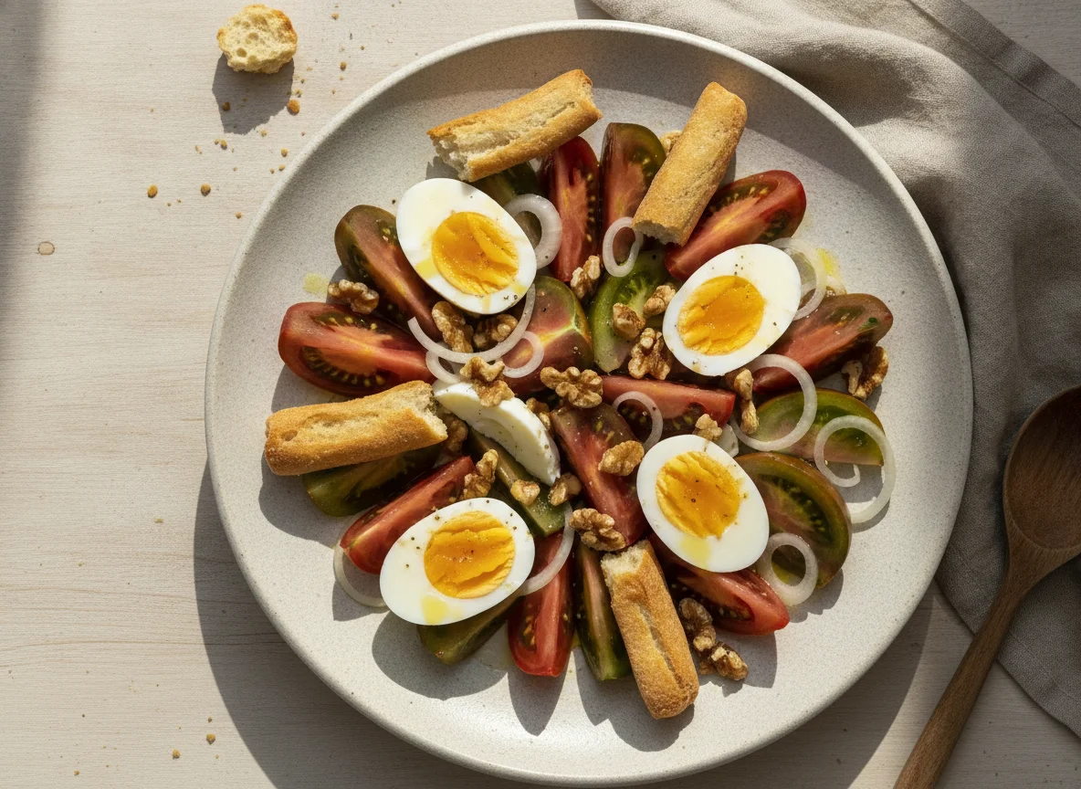 Ensalada de tomate con huevo, nueces y picos photo
