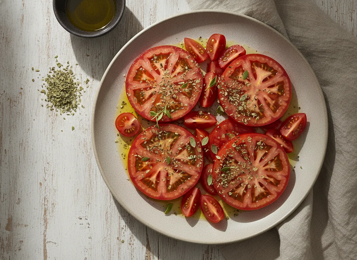 Ensalada de tomate con orégano y aceite photo
