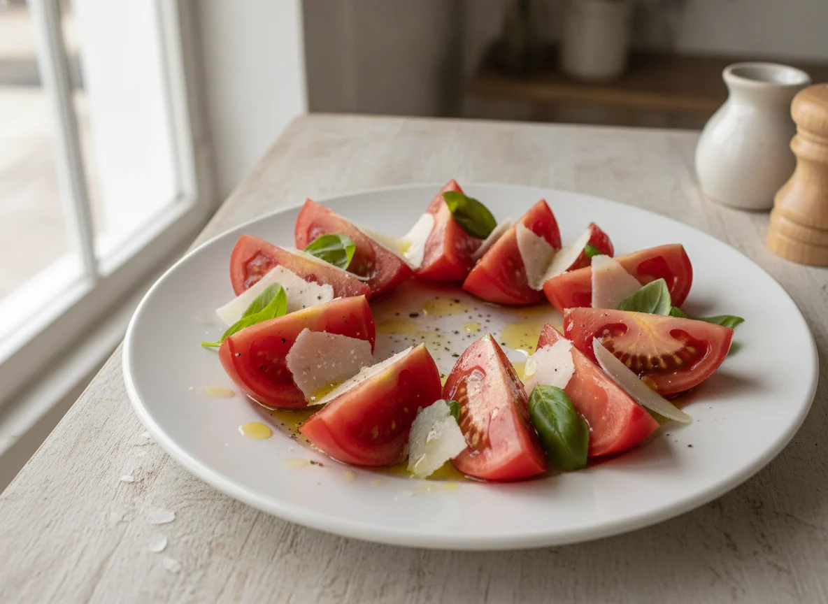 Ensalada de tomate con parmesano y albahaca photo