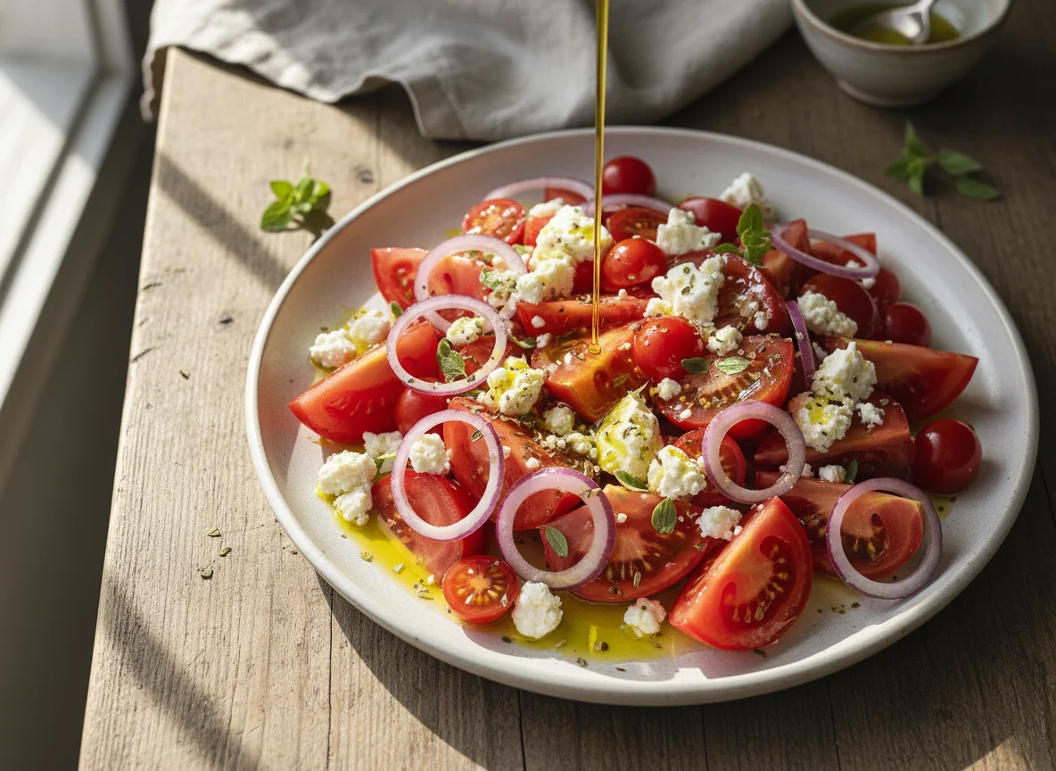 Ensalada de tomate con queso feta y cebolla roja photo