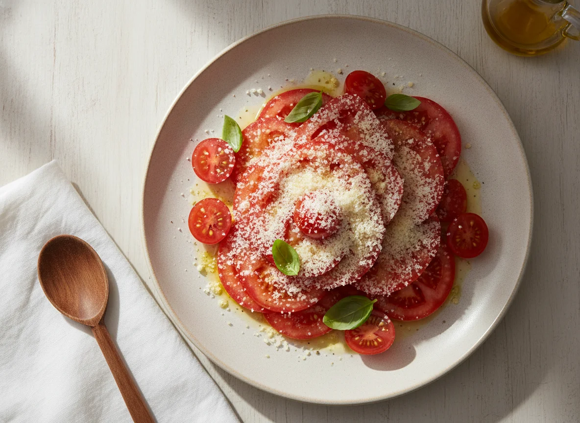 Ensalada de tomate con queso rallado photo
