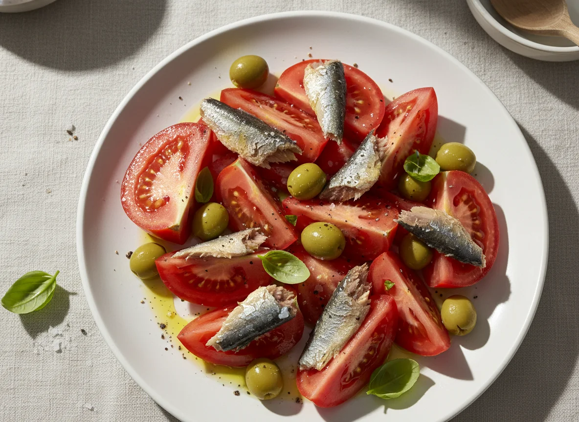 Ensalada de tomate con sardinas y aceitunas photo