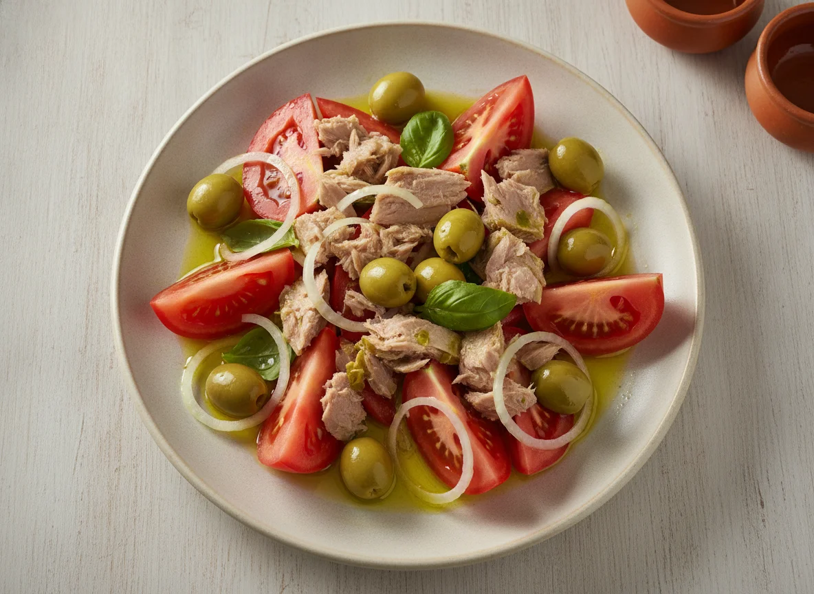 Ensalada de tomate con ventresca de atún y aceitunas photo