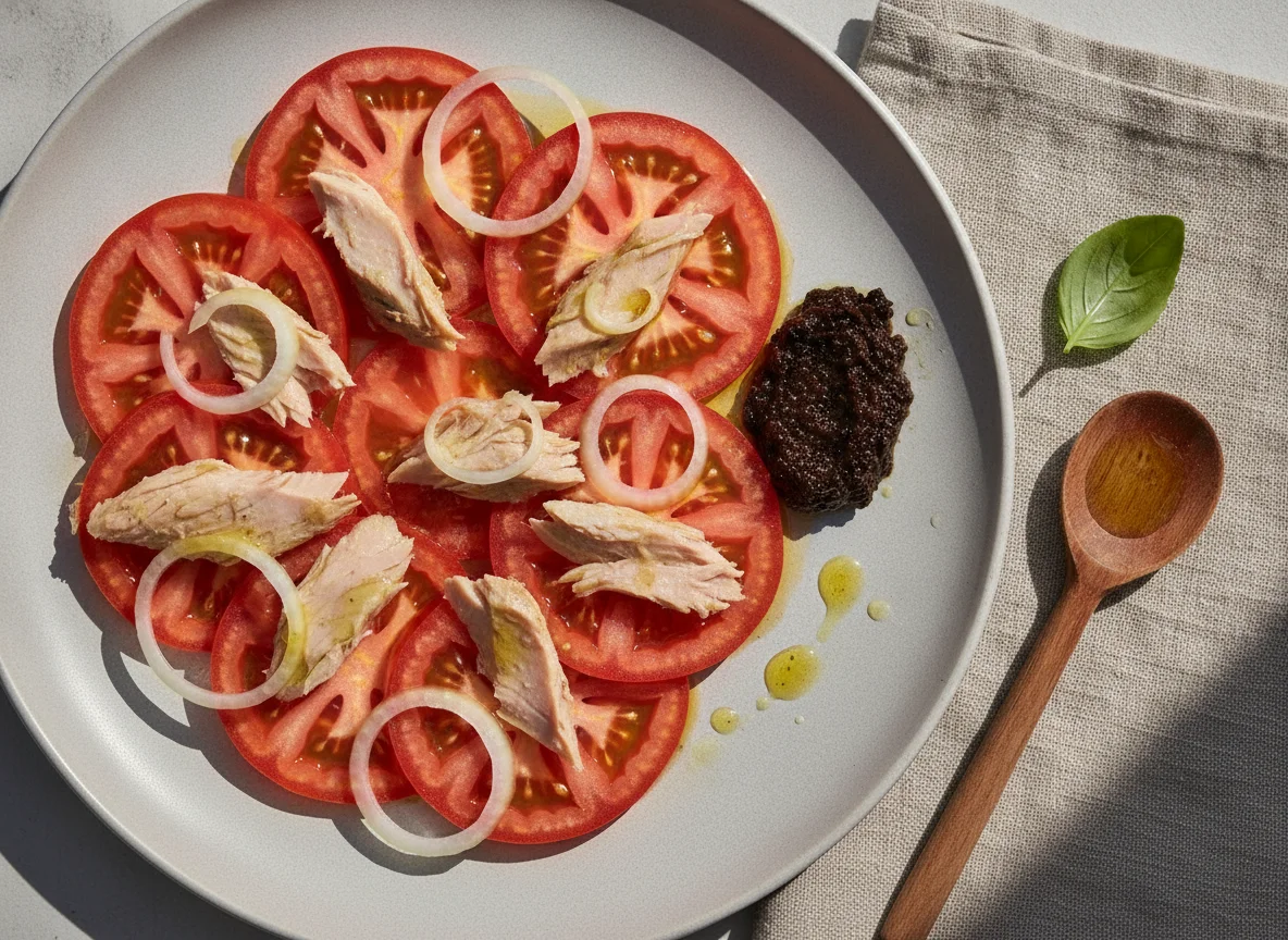 Ensalada de tomate con ventresca de atún y cebolla photo