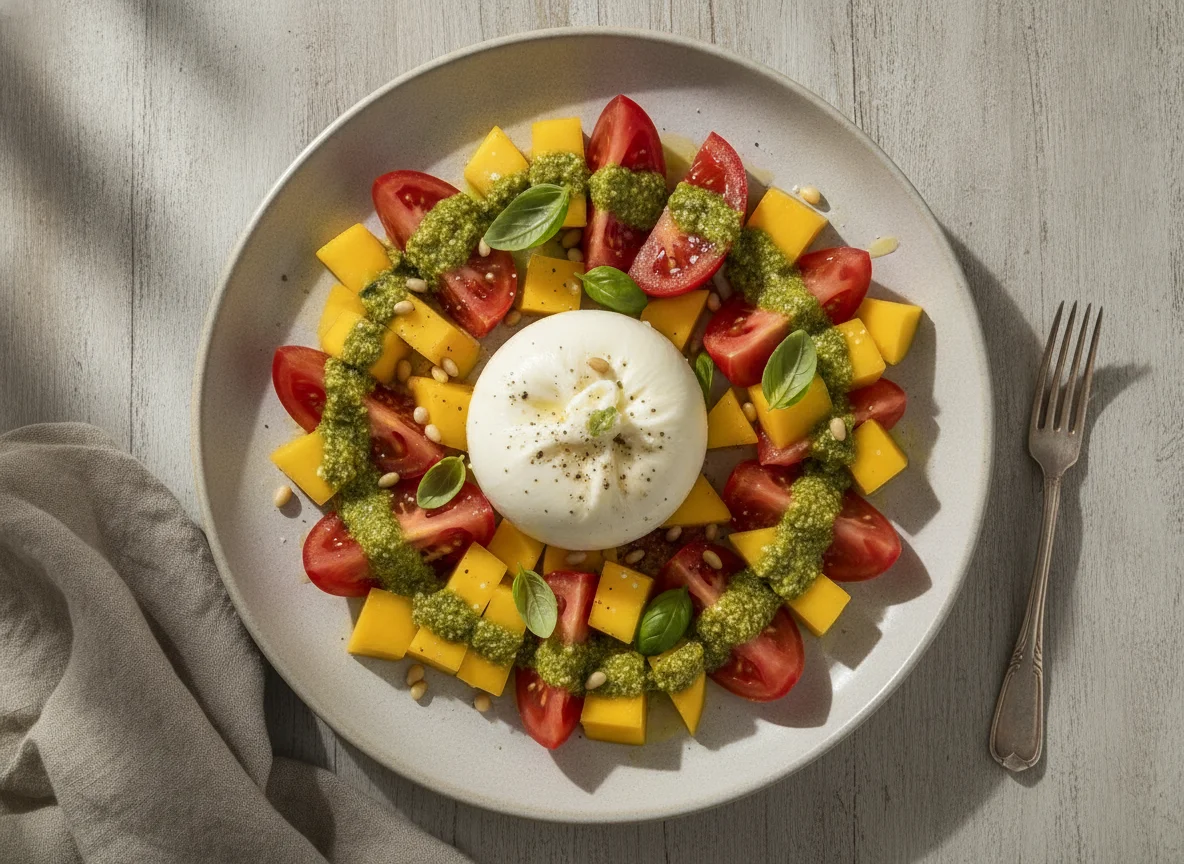 Ensalada de tomate, mango y burrata photo