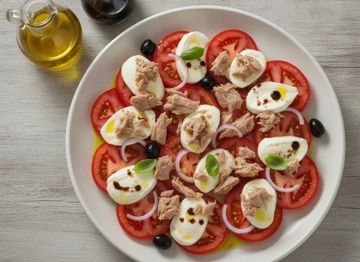 Ensalada de tomate, mozzarella y atún photo