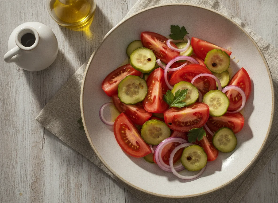 Ensalada de tomate, pepinillos y cebolla roja photo