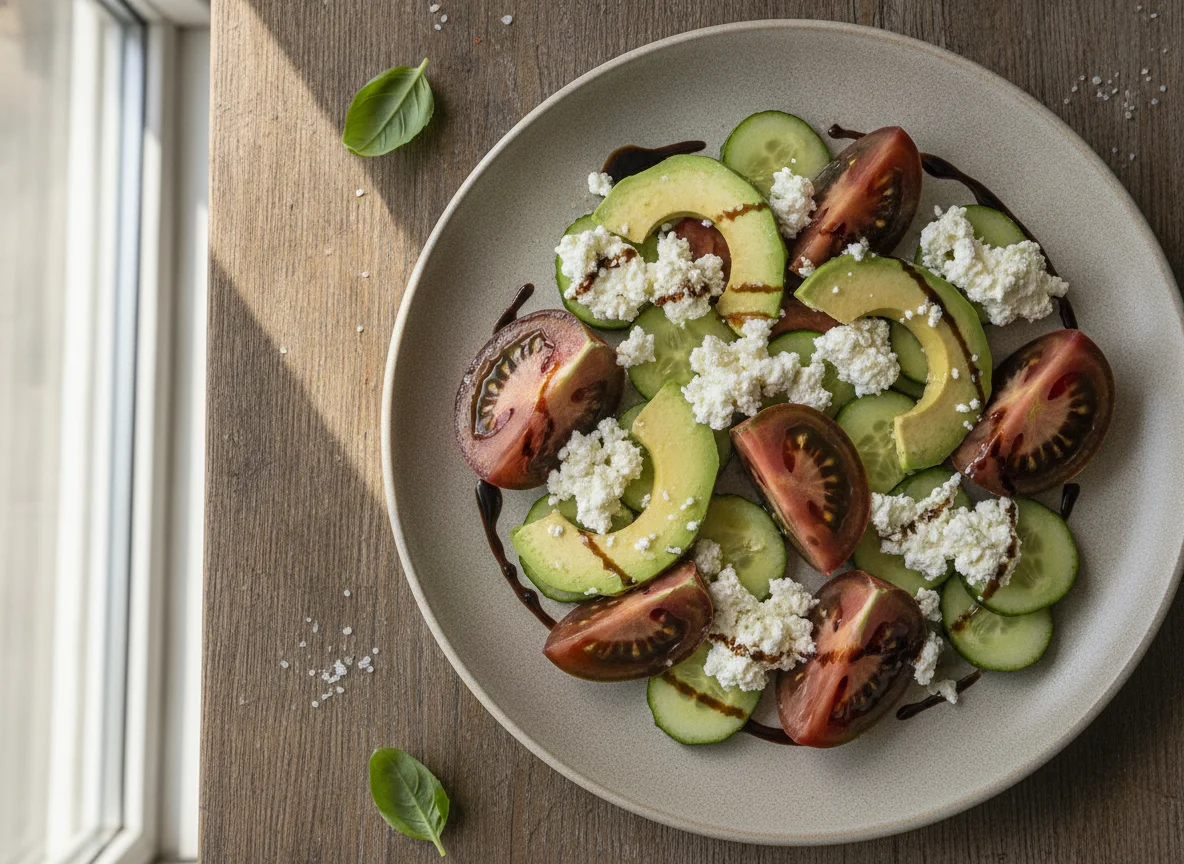Ensalada de tomate, pepino, aguacate y queso cottage photo