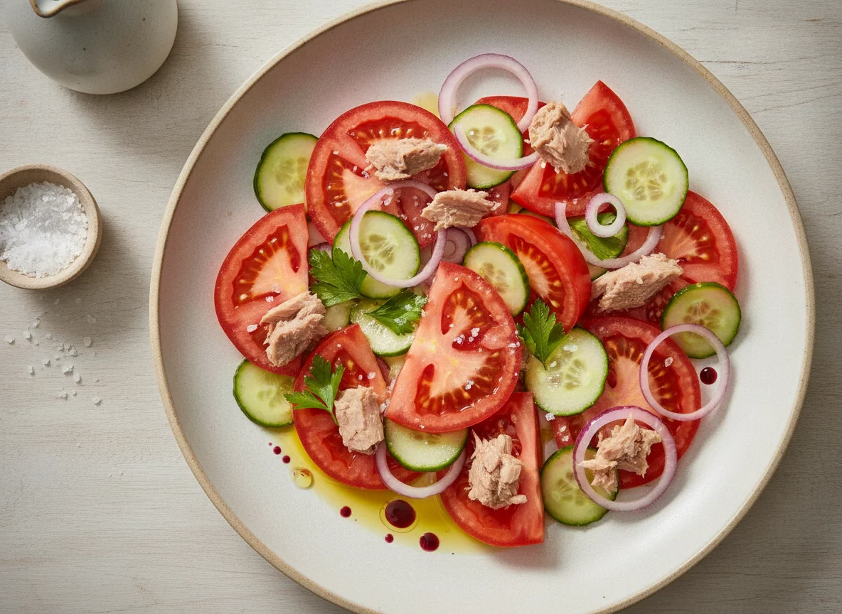 Ensalada de tomate, pepino, cebolla roja y atún photo