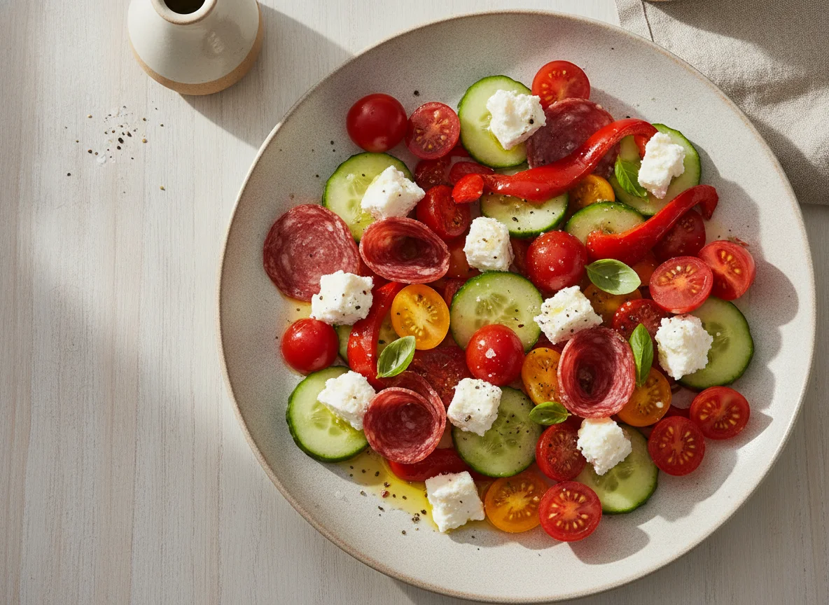 Ensalada de tomate, pepino, queso fresco y embutido photo