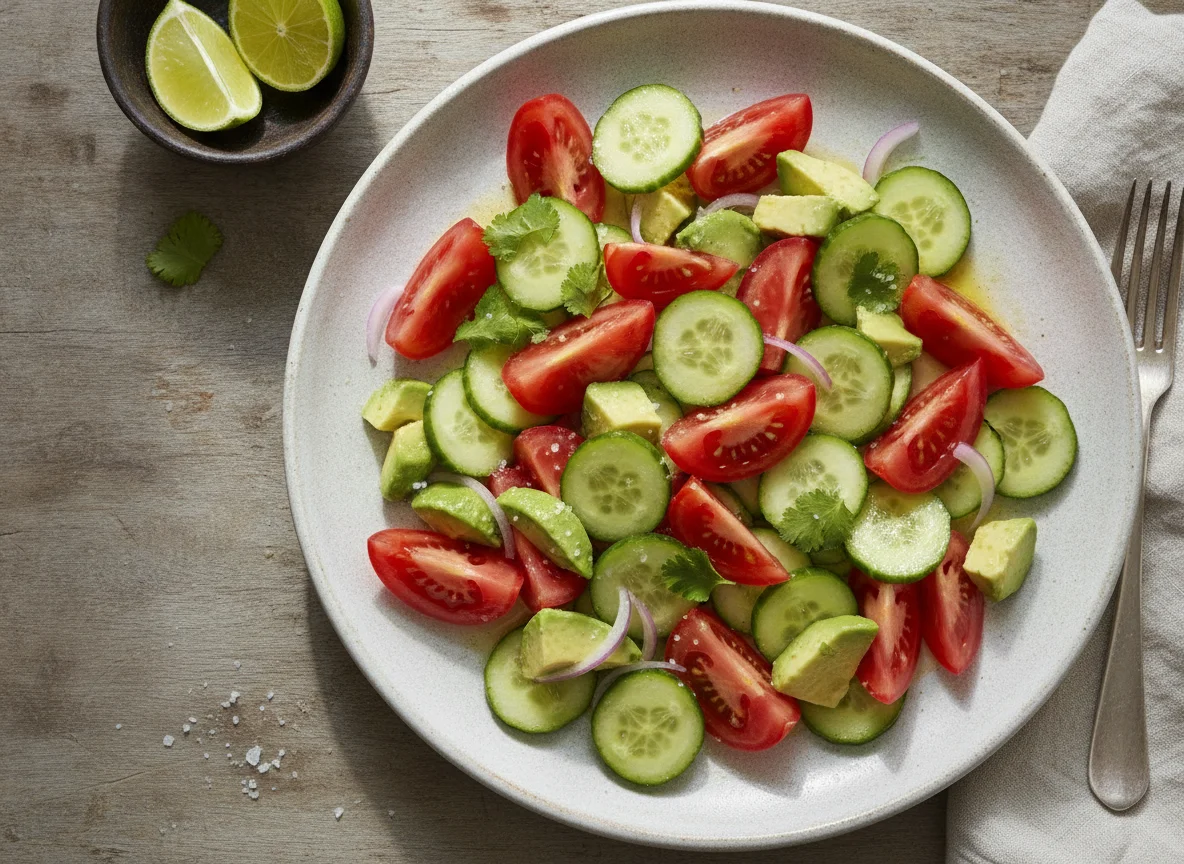 Ensalada de tomate, pepino y aguacate photo