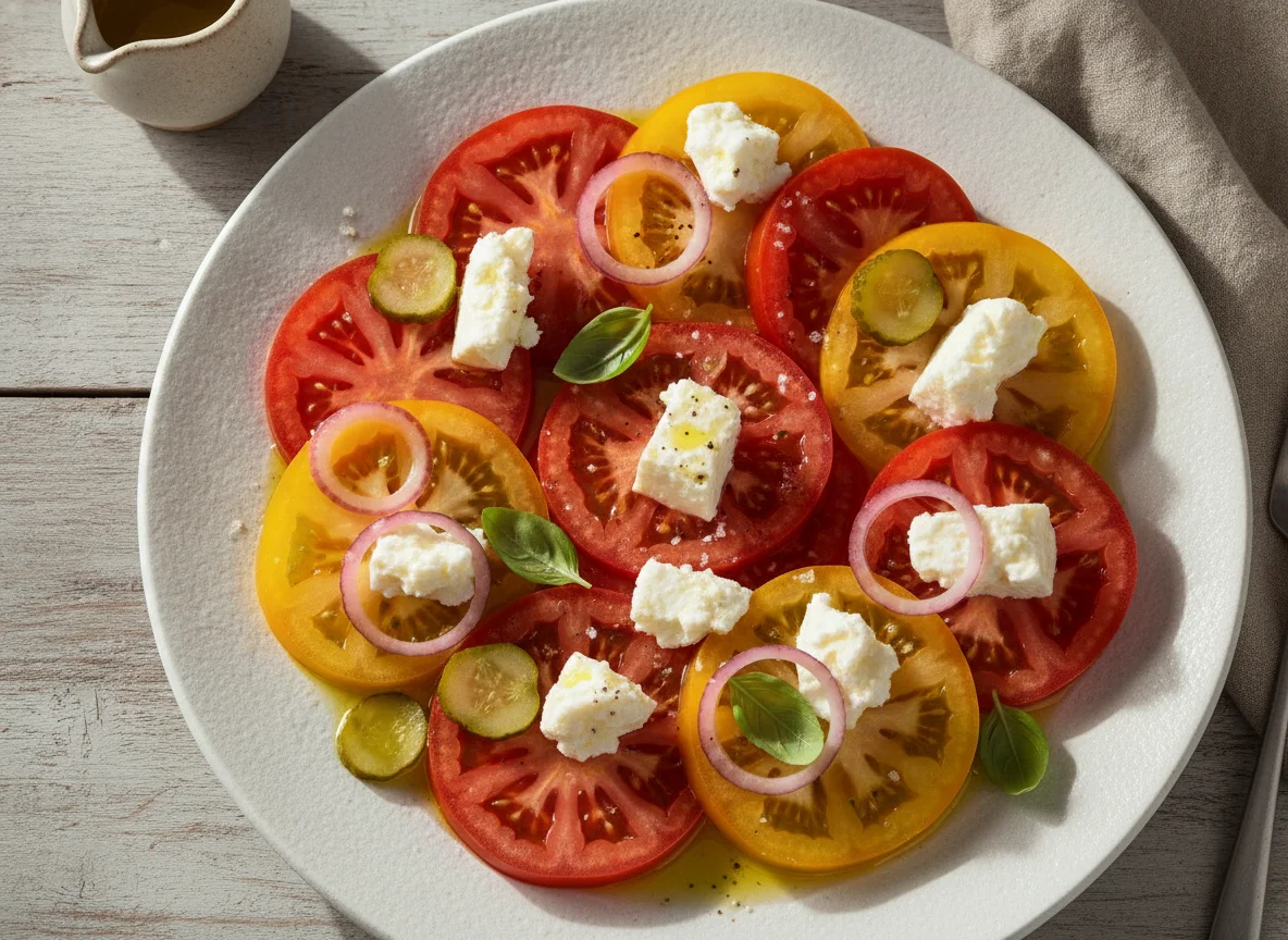 Ensalada de tomate, queso fresco y pepinillos photo