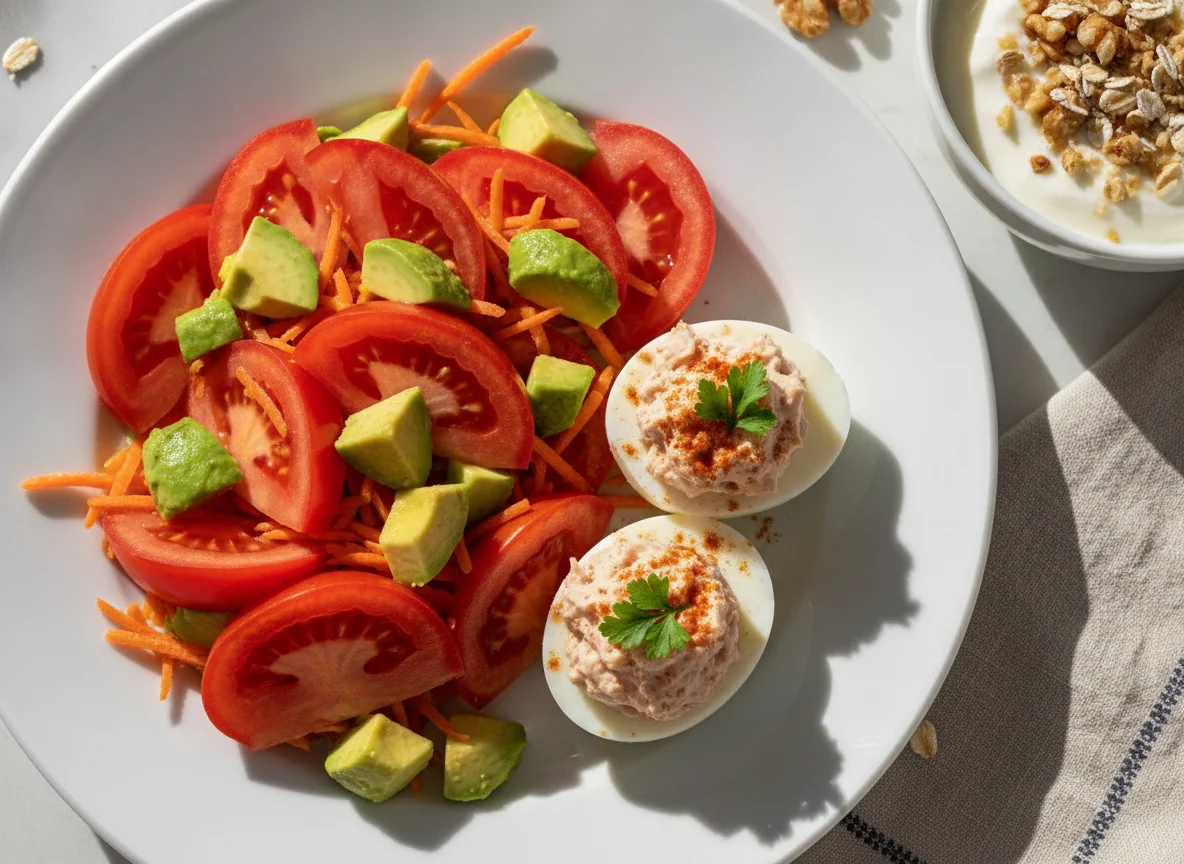 Ensalada de tomate y aguacate con huevos rellenos y yogur con avena photo