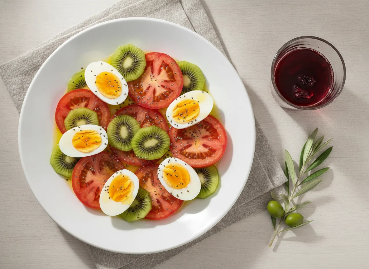 Ensalada de tomate y huevo cocido con kiwi e infusión de Jamaica photo