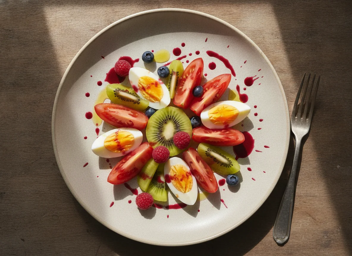 Ensalada de tomate y huevo cocido con kiwi y zumo de frutos rojos photo