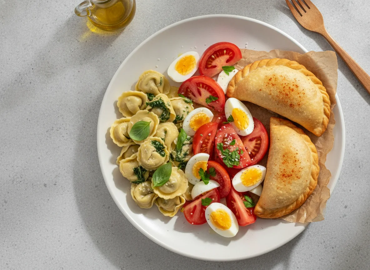 Ensalada de tomate y huevo con empanada y pasta photo