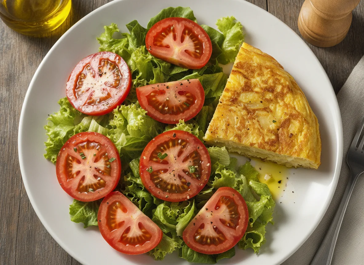 Ensalada de tomate y lechuga con tortilla de patatas photo