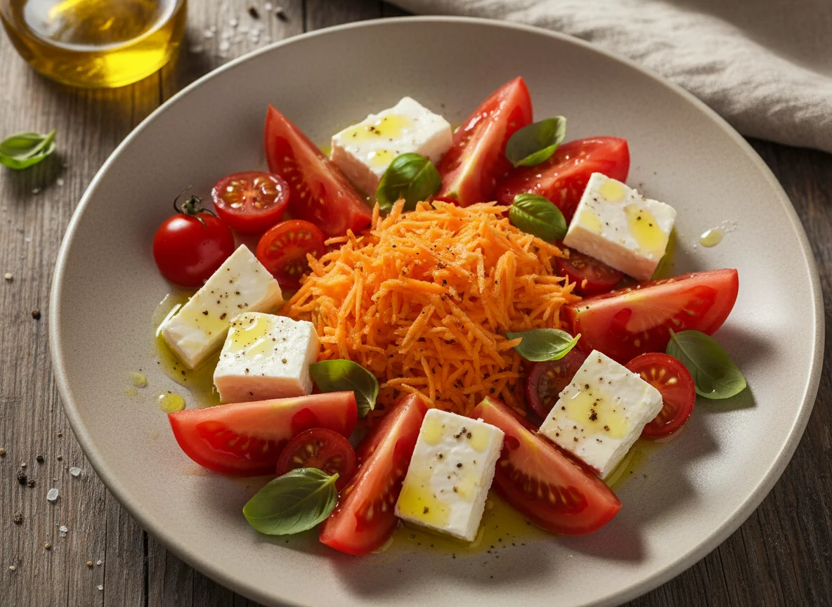Ensalada de tomate, zanahoria y queso fresco photo