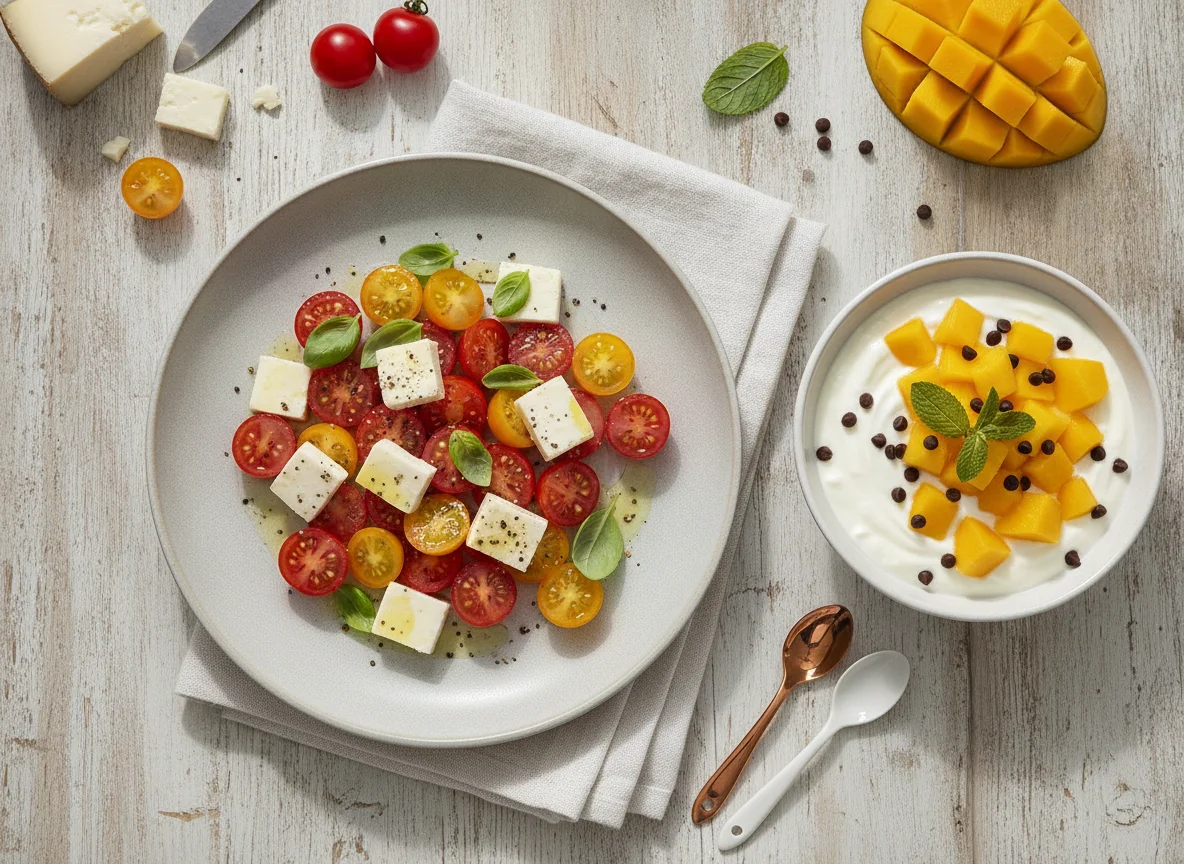 Ensalada de tomates cherry con queso y postre de yogur con mango photo
