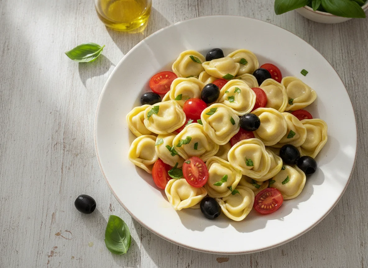 Ensalada de tortellini con tomates cherry y aceitunas photo