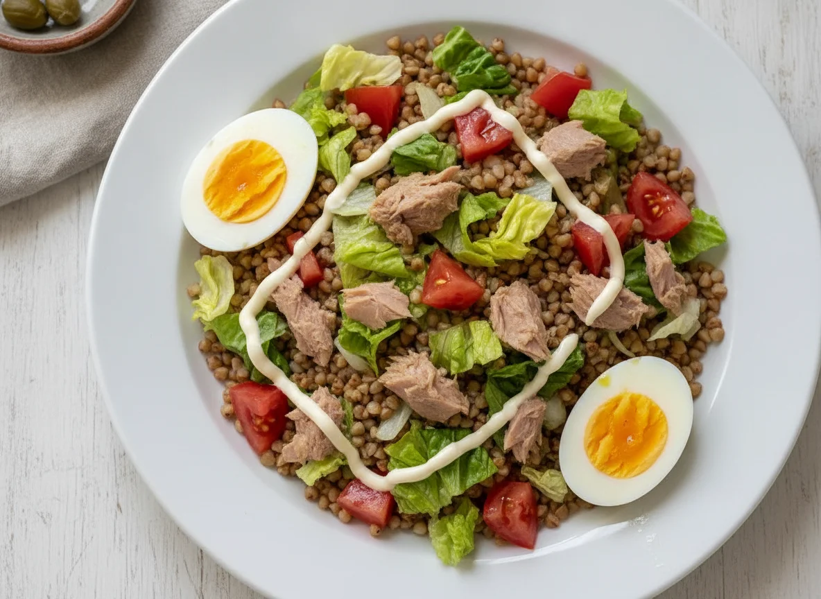 Ensalada de trigo sarraceno con atún y huevo duro photo