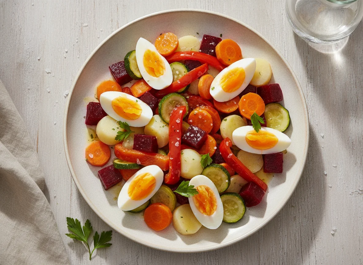 Ensalada de vegetales cocidos con huevo photo