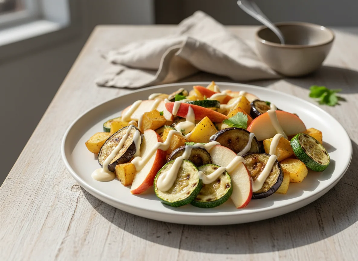 Ensalada de vegetales con aderezo y manzana photo