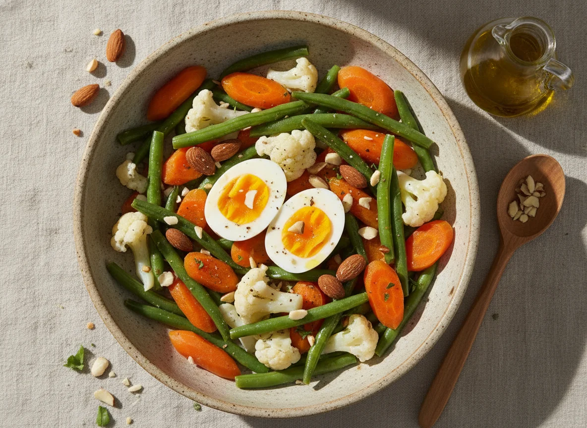 Ensalada de vegetales con huevo duro y almendras photo