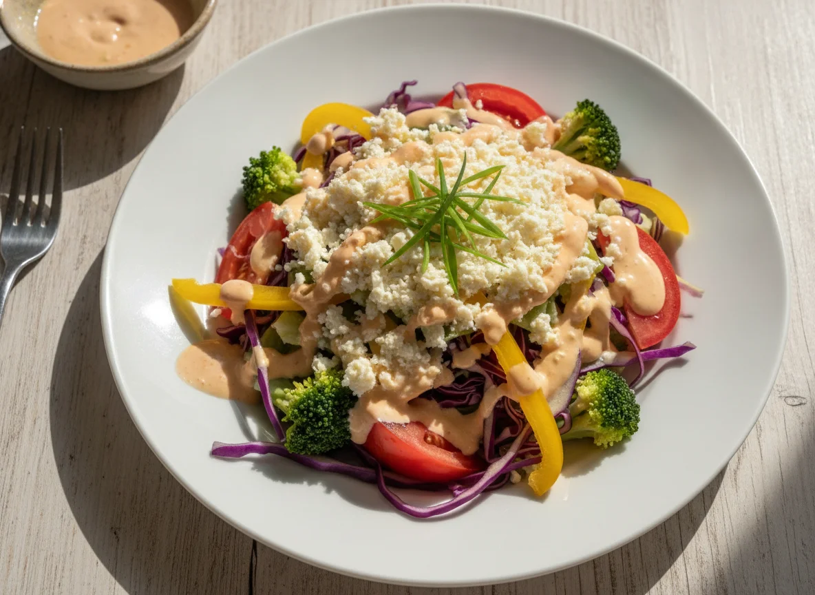 Ensalada de vegetales con queso y aderezo photo