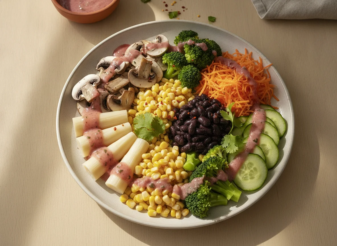 Ensalada de vegetales variados con champiñones y palmitos photo