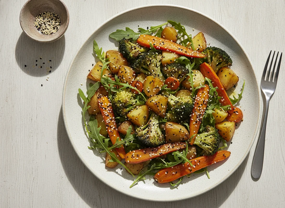 Ensalada de verduras asadas con brócoli y sésamo photo