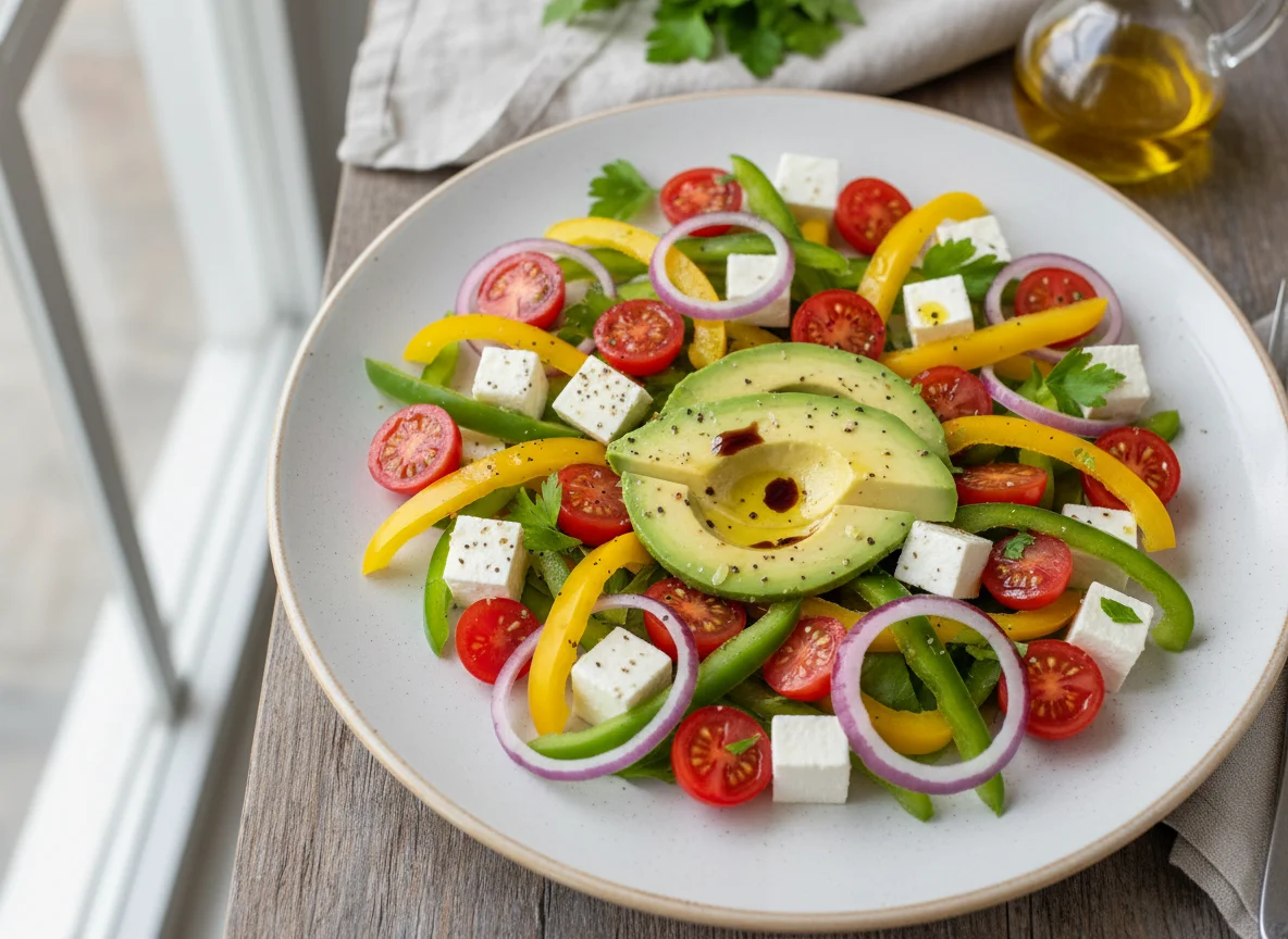 Ensalada de verduras variadas con queso y aguacate photo