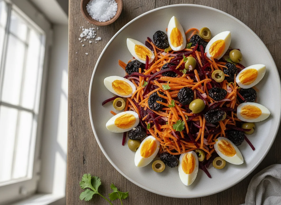 Ensalada de zanahoria, remolacha, ciruelas, aceitunas y huevo photo
