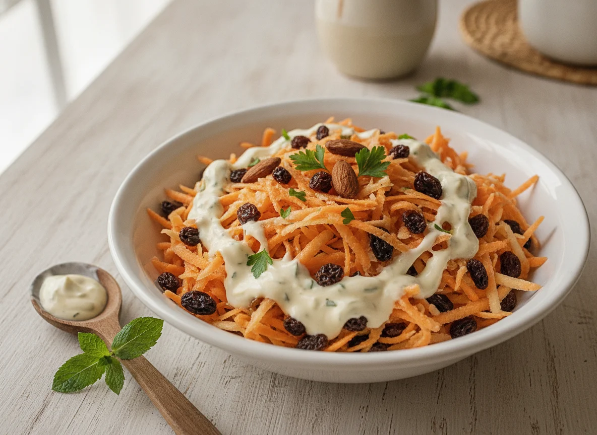 Ensalada de zanahoria y pasas con aderezo cremoso photo