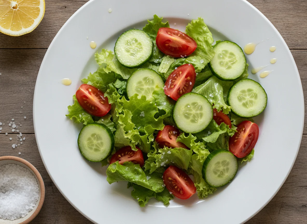 Ensalada fresca con pepino, tomate y lechuga photo