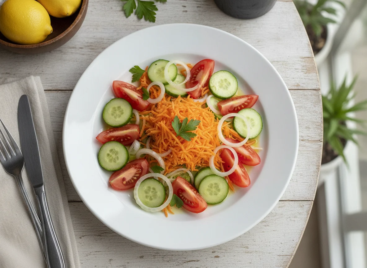 Ensalada fresca de pepino, tomate y zanahoria photo