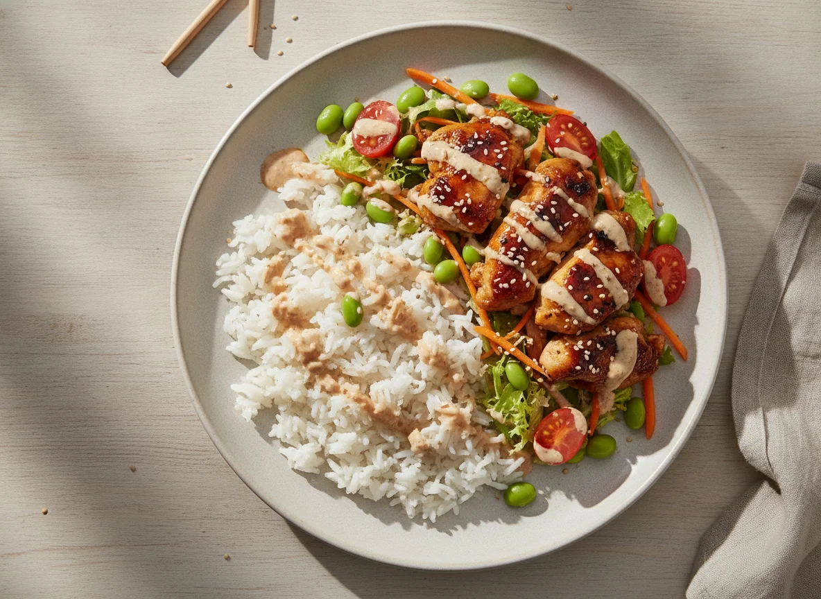 Ensalada Japón Pollo Teriyaki Edamame y Arroz photo