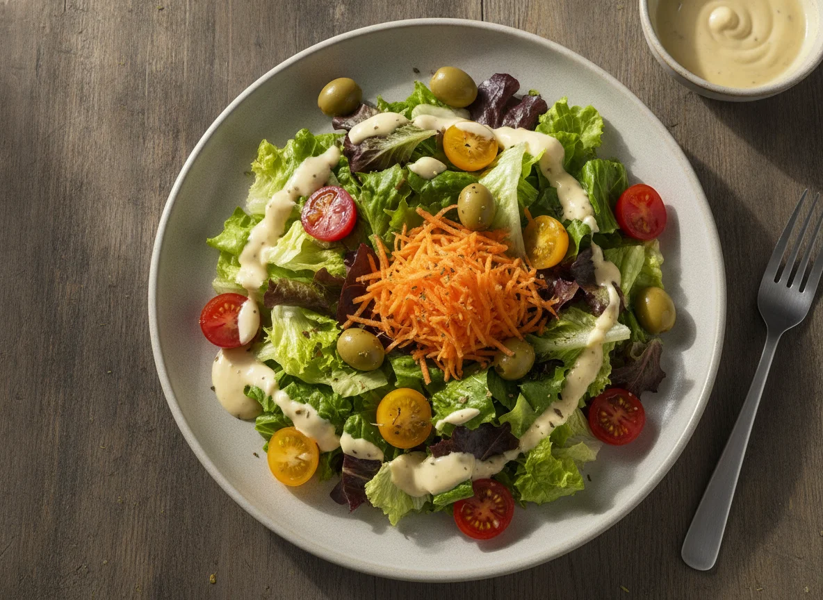 Ensalada mixta con aceitunas y aderezo photo
