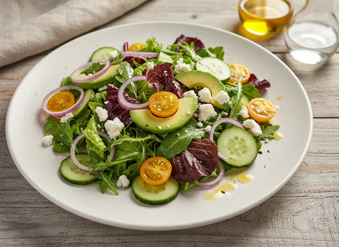 Ensalada mixta con aguacate y queso feta photo