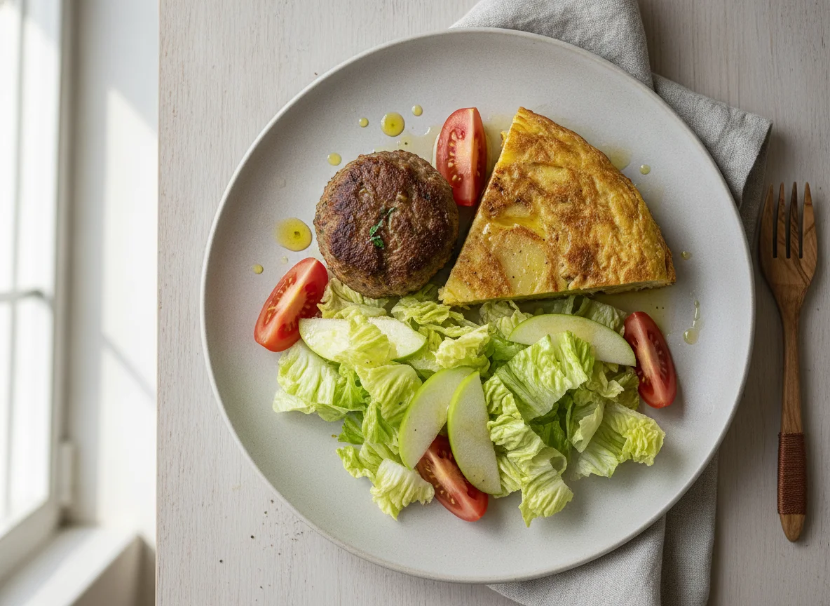 Ensalada mixta con albóndiga y tortilla de patatas photo