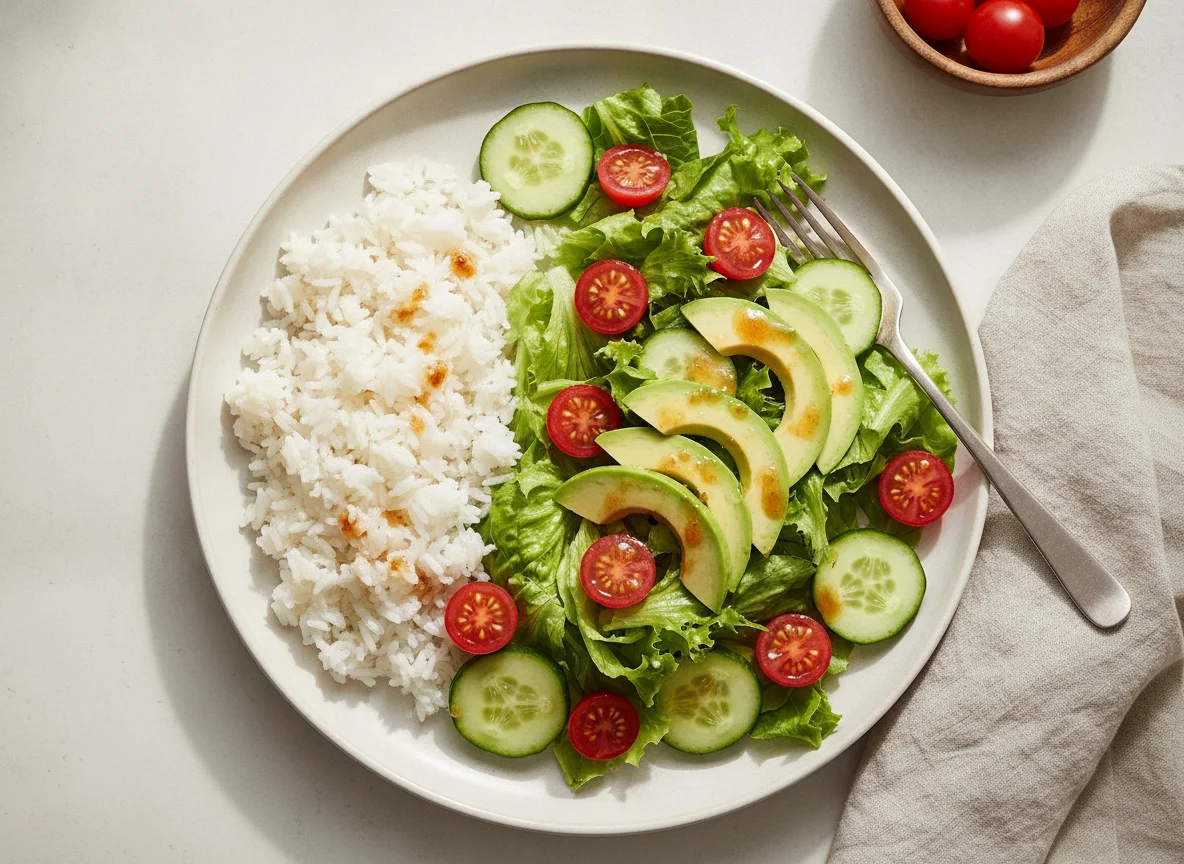 Ensalada mixta con arroz blanco y aguacate photo