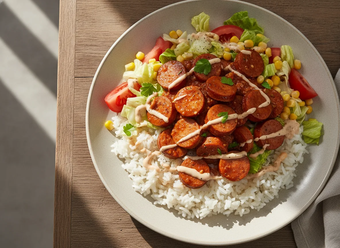 Ensalada mixta con arroz blanco y salchichas guisadas photo