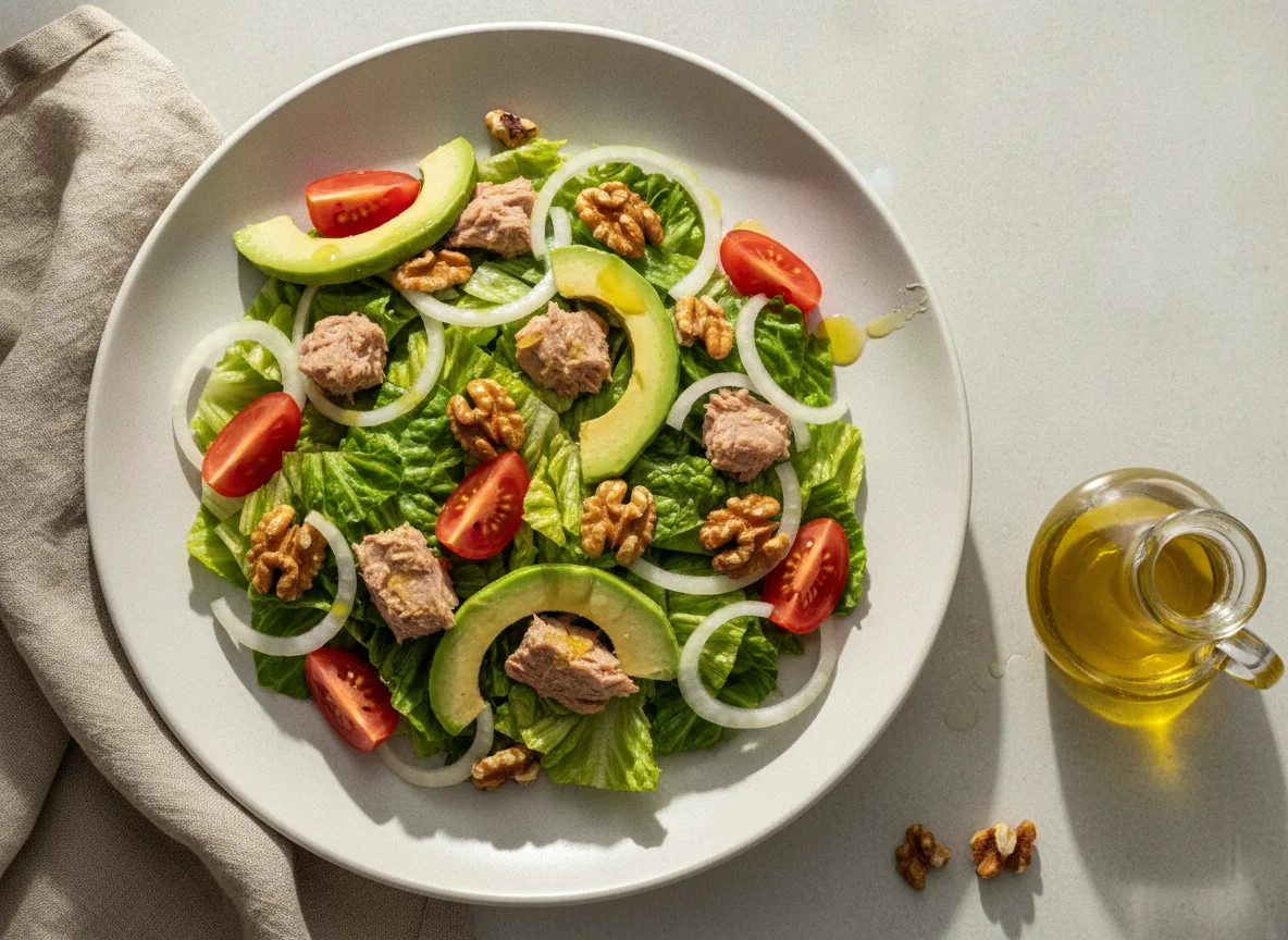 Ensalada mixta con atún, aguacate y nueces photo