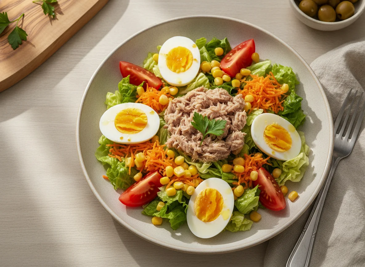 Ensalada mixta con atún, huevo y choclo photo