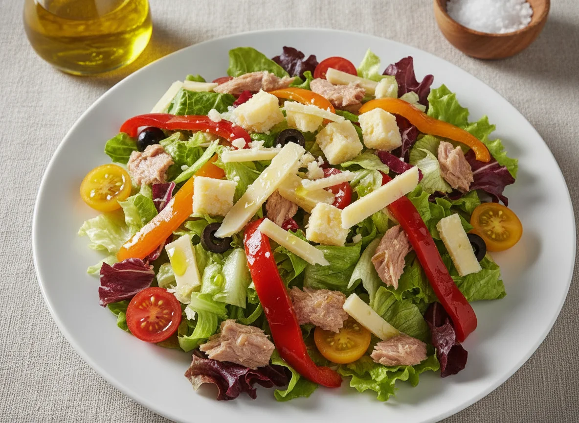 Ensalada mixta con atún, pimientos y queso curado photo