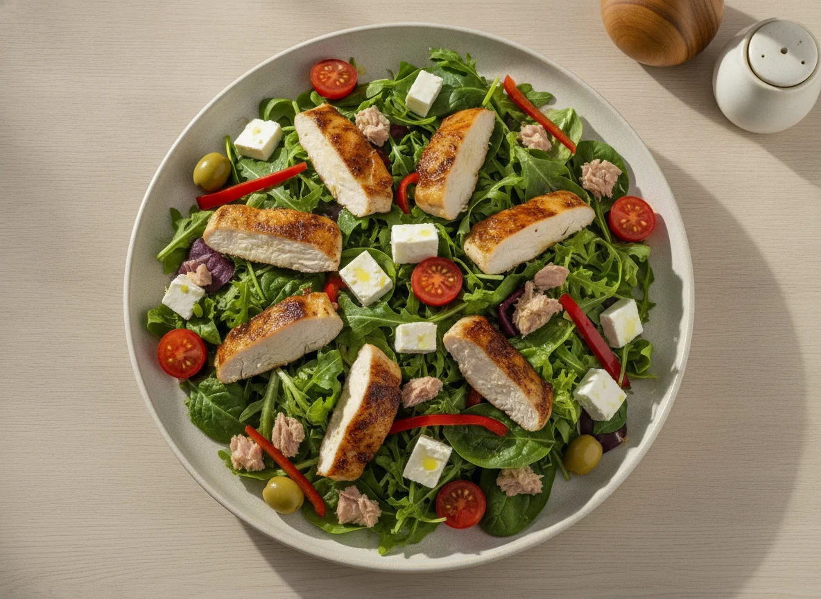 Ensalada mixta con atún, queso feta y pollo asado photo
