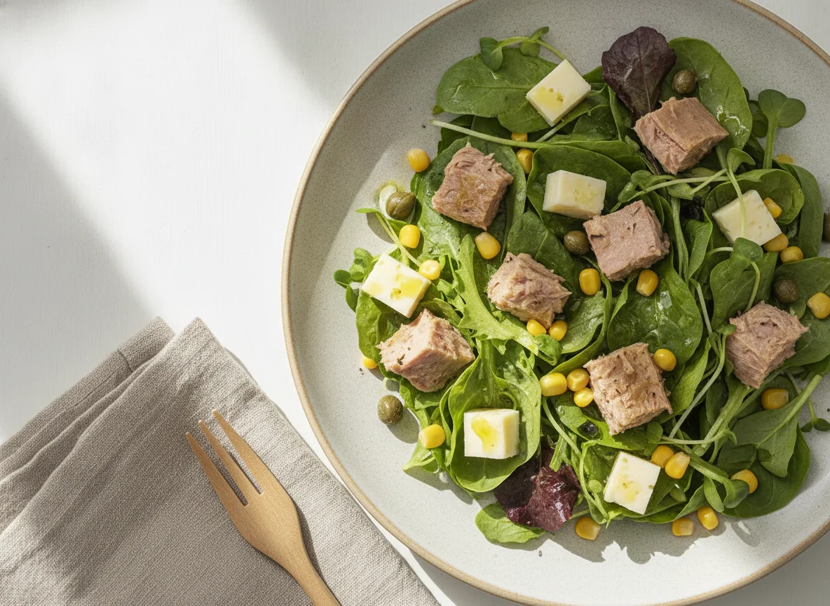 Ensalada mixta con atún, queso y alcaparras photo