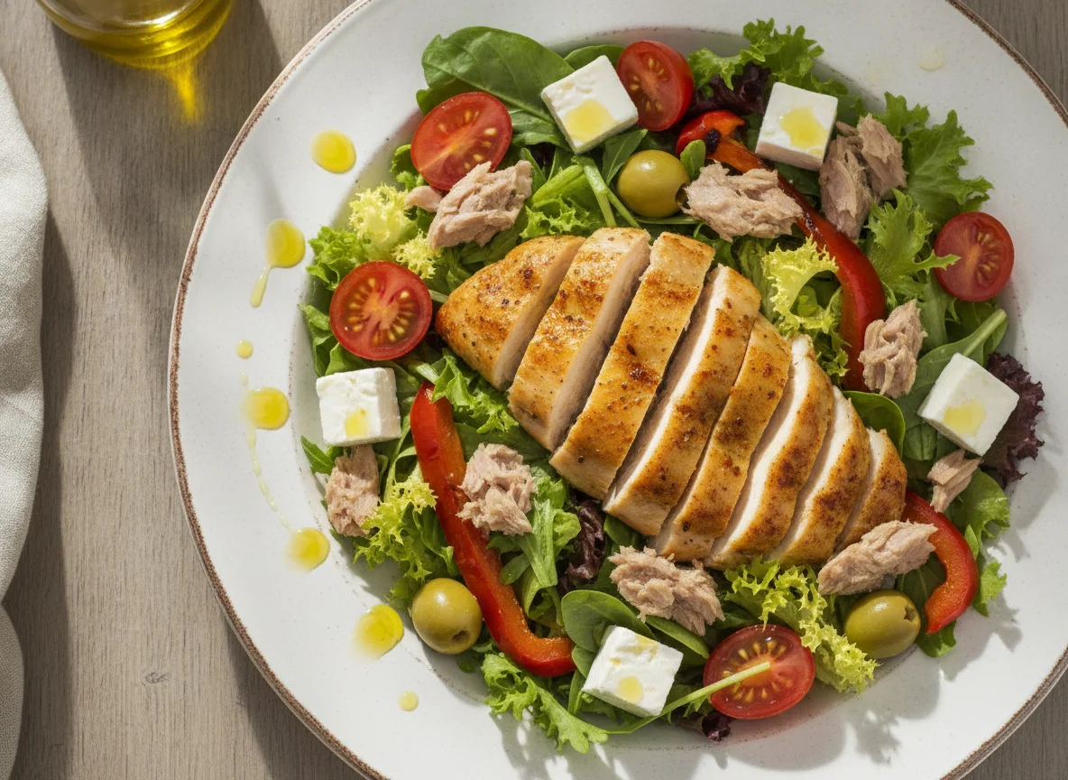 Ensalada mixta con atún, queso y pollo asado photo