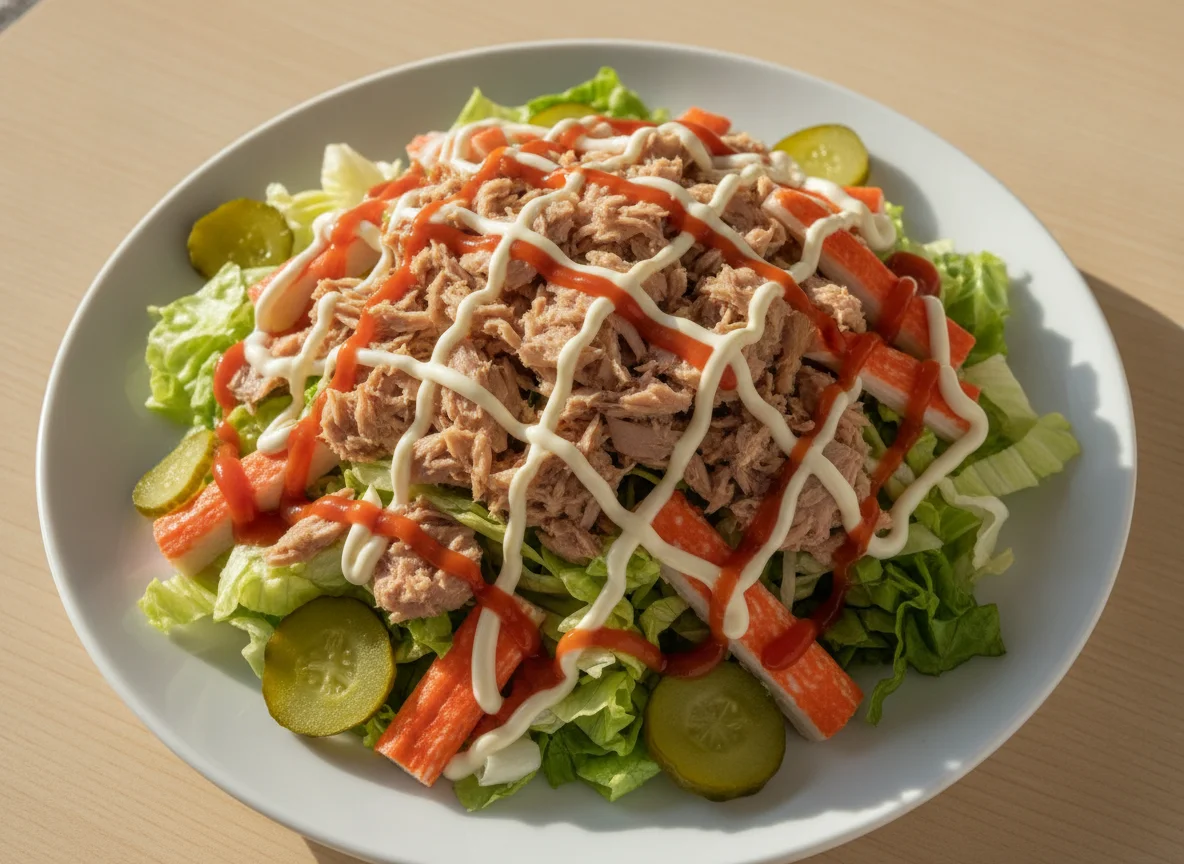 Ensalada mixta con atún, surimi y salsas photo