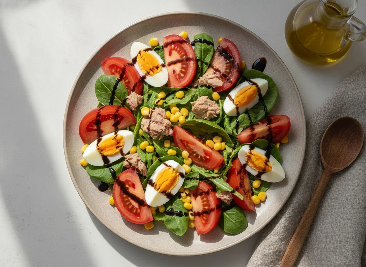Ensalada mixta con atún y crema de balsámico photo